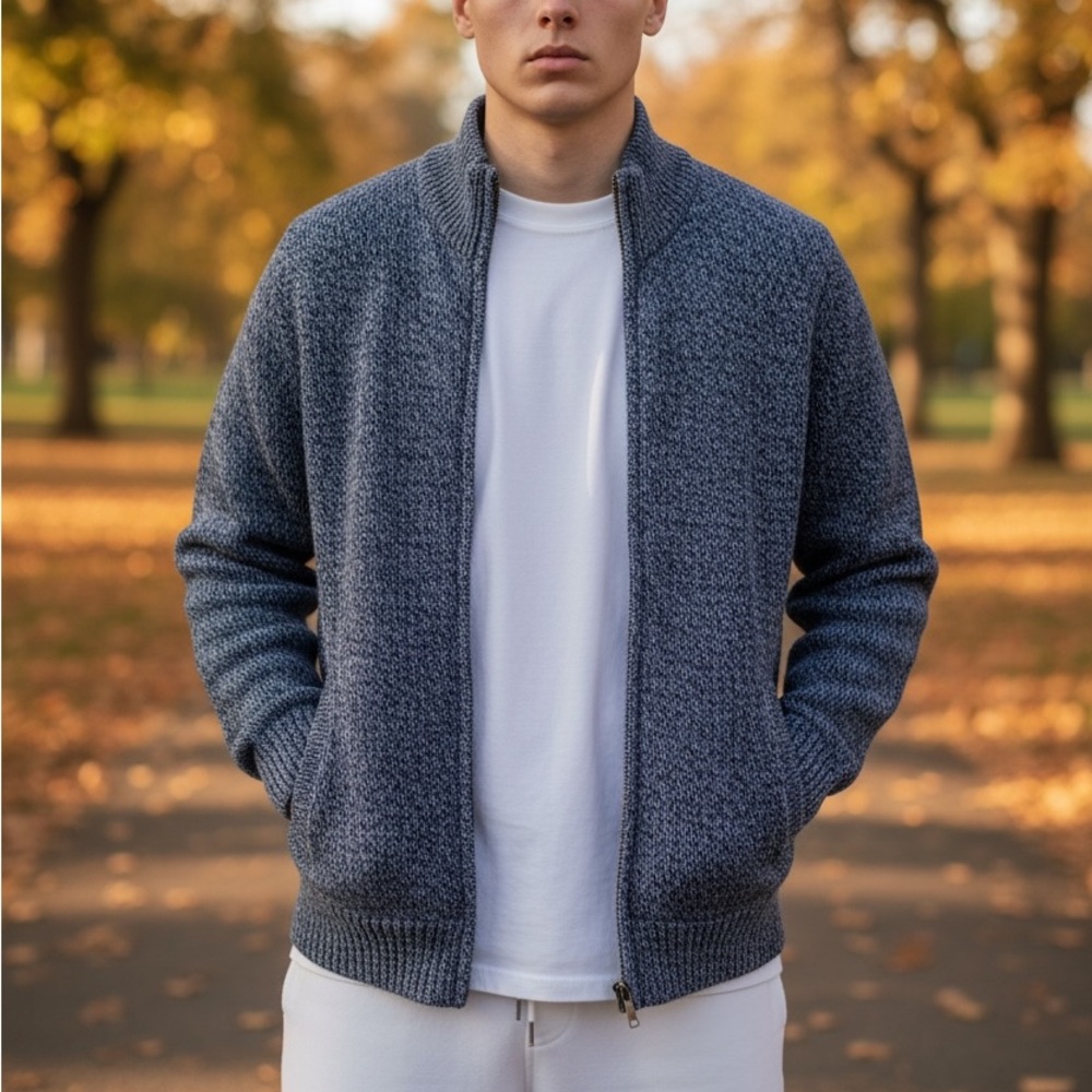 L.L. Bean Lambswool Androgynous Heather Blue Zip Chunky Knit Mock Neck Jacket